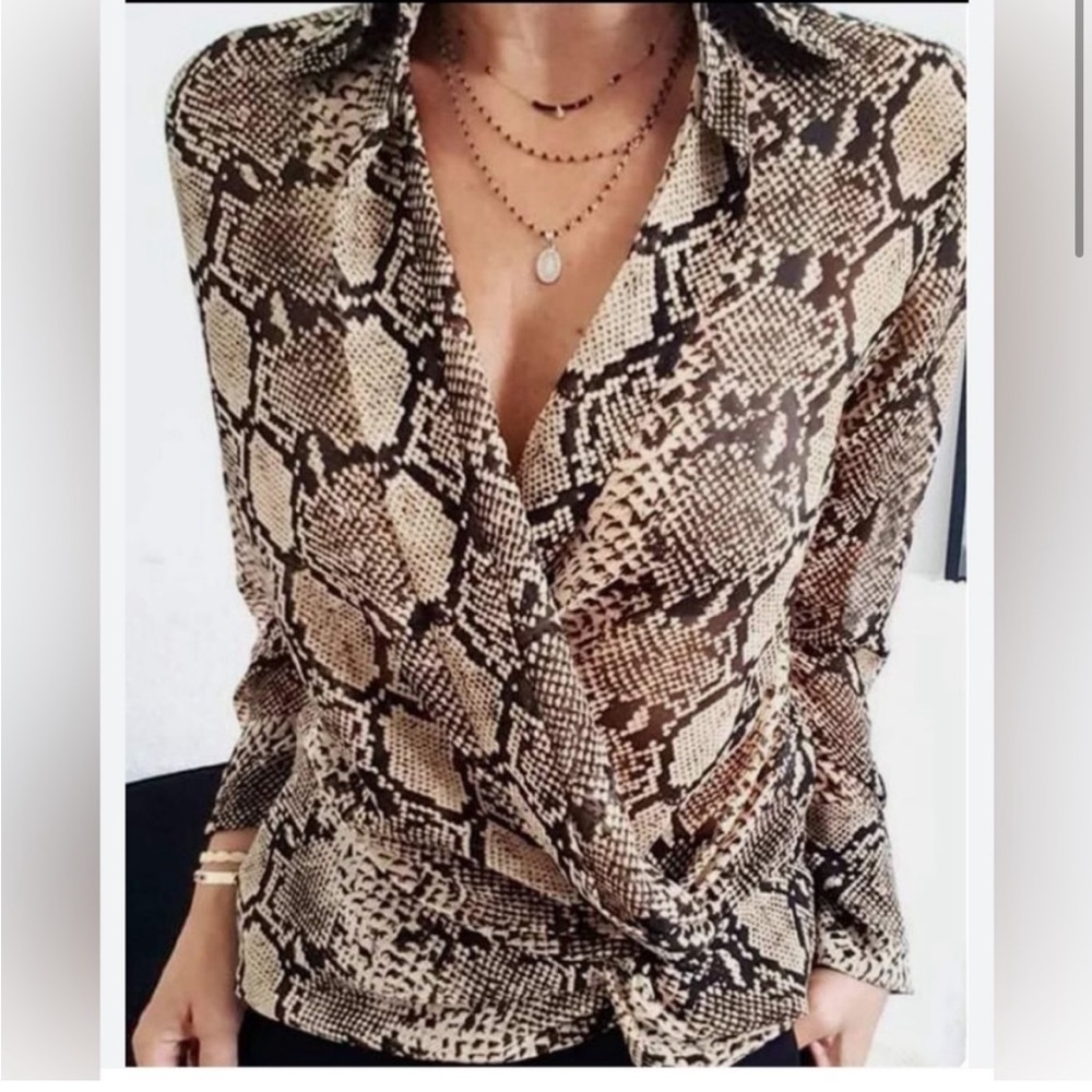 Zara Semi Sheer Snake print Draped Blouse sz S